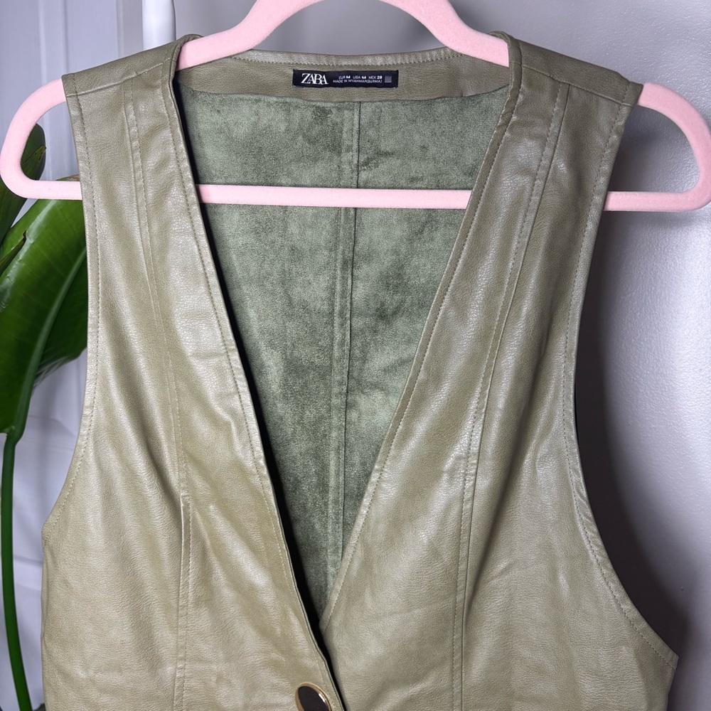 Zara Faux Leather Suede Olive Army Green Sleeveless Mini Dress with Gold Buttons - Picture 5 of 10